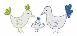 Whimsical trio of birds: two large white birds with green and blue accents and a smaller chick, all feature simple lines.