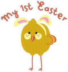 Playful yellow chick with pink ears and big eyes, featuring 'My 1st Easter' text, perfect for festive celebrations.