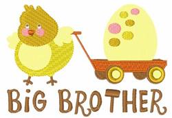 Playful chick pulling a colorful wagon with a pastel egg for Easter celebration, featuring 'BIG BROTHER' text.