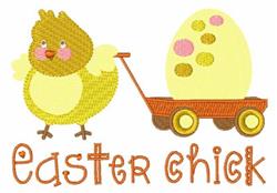 Playful yellow chick pulling a red wagon filled with a colorful Easter egg, ideal for kids' projects.