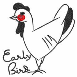 Playful chicken with white body, black accents, and red cheeks, featuring 'Early Bird' text in whimsical style.