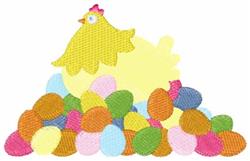 Playful chicken surrounded by colorful Easter eggs in pastel shades, set on vibrant green grass.