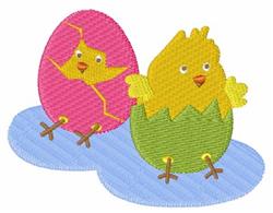 Whimsical chicks emerging from pink and green eggs against a blue background, perfect for Easter.