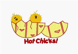 Playful chicks peeking from cracked eggshells, with vibrant hearts and red text 'Hot Chicks!' for Easter.