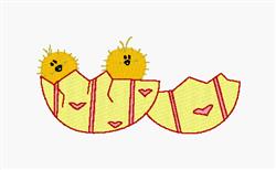 Playful chicks in applique style peek from a broken eggshell with hearts, celebrating Easter joy.