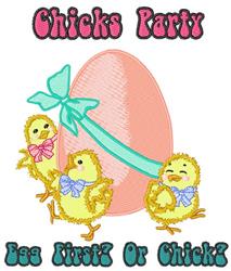 Two playful yellow chicks with colorful bows next to a pink egg with a blue ribbon, perfect for Easter.