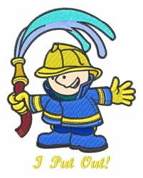 Cartoonish child firefighter in a yellow hat and blue uniform, joyfully spraying blue water with a hose.