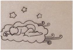 A child peacefully sleeps on a fluffy cloud, outlined in black on a soft beige background, with stars above.