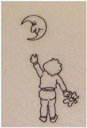 Child reaching for a crescent moon in playful line art, evoking wonder and fantasy in a dreamy night scene.