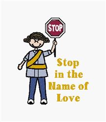 Child holding a red stop sign with yellow text, wearing a blue shirt and yellow belt, in a playful style.