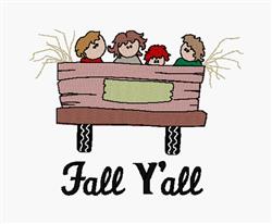 Whimsical children in a wooden wagon surrounded by hay, joyfully celebrating fall with 'Fall Y'all' text.
