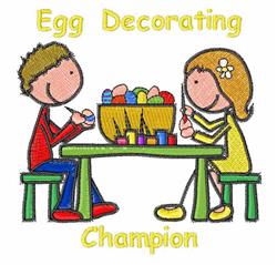 Two children joyfully decorating Easter eggs at a table, colorful paints and eggs around them, whimsical scene.