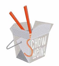 Playful gray Chinese takeout box with 'SCHOW MEIN!' text and vibrant orange chopsticks. Perfect for casual dining.