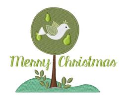 Playful white bird perched on a green tree with festive leaves, featuring 'Merry Christmas' text in cheerful embroidery.
