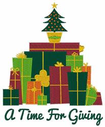 Colorful stack of Christmas gifts topped with a decorated tree, featuring bows, stars, and the phrase 'A Time For Giving'.