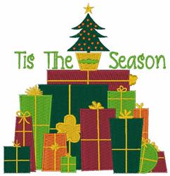Colorful Christmas presents stacked with ribbons, a small tree topped with a star, and 'Tis The Season' text, festive design.