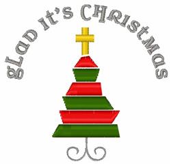 Playful Christmas tree design with green and red layers, topped with a yellow cross and festive text.