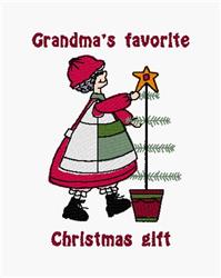 Joyful girl in a festive red dress places a star on a green Christmas tree, captioned 'Grandma's favorite'.