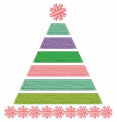 Playful Christmas tree with colorful layers in pink, green, purple, and blue, topped with a pink star and surrounded by pink
