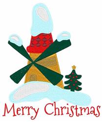 FSL windmill with green blades and red body, topped with snow. Below, a colorful Christmas tree adorns the scene.