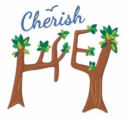 Playful text 'Chérish' with brown tree trunks and vibrant green leaves, perfect for casual embroidery.