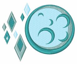 Circular abstract design with a light blue circle and teal outline, surrounded by whimsical diamond shapes.