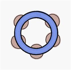 Circular tambourine with a blue outline and five cheerful brown circles, featuring a playful, simple design.