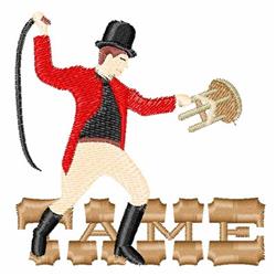 Playful circus performer in a vibrant red coat and black top hat, balancing a chair while wielding a whip.