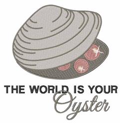 Whimsical clam shell design with soft gray tones, pink pearls inside, and bold text 'THE WORLD IS YOUR OYSTER'.