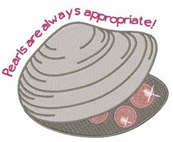Whimsical gray clam shell partially open with pink pearls inside and vibrant pink text 'Pearls are always appropriate!'