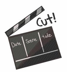 Clapperboard with chalkboard 'Cut!' text, white lines, modern and playful style, perfect for movie-themed decor.