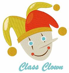 Playful clown face with blue eyes, a bright yellow and red jester hat, plus pom-poms for festive school events.