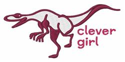 Playful dinosaur in maroon with white accents, striking a dynamic pose alongside 'clever girl' text.