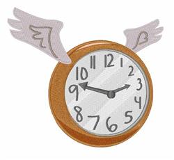 Whimsical clock with wings featuring a wooden brown frame, black numerals, and hands showing 10:10.