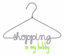 Playful clothes hanger featuring a silver 'shopping' script and vibrant green 'is my hobby' text, minimalistic style.