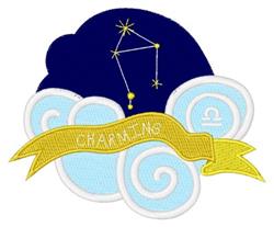 Colorful embroidery of a blue cloud with yellow zodiac constellation and a light blue 'CHARMING' banner.