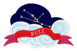 Applique cloud with constellations features a dark blue cloud, yellow stars, and a bright red ribbon reading 'BULI'.