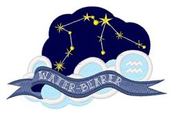 Whimsical design featuring a blue cloud with yellow stars and a water-bearer ribbon below. Celestial colors enchant.