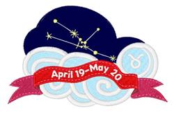 Playful cloud with constellations and zodiac symbols, featuring vibrant colors. Spring-themed banner reads 'April 19-May 20'.