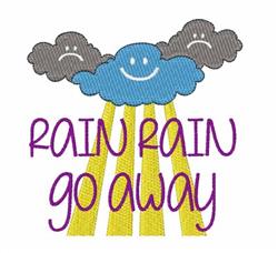 Playful cloud with smiling and frowning faces, yellow rays, and purple text 'RAIN RAIN go AWAY' in a seasonal design.