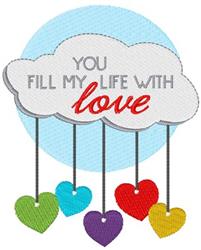 Colorful cloud with hanging hearts and text 'YOU FILL MY LIFE WITH love' highlighted in red, perfect for Valentine's Day.