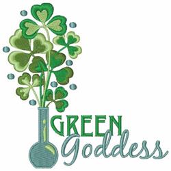Colorful vase filled with vibrant clover leaves and bold 'Green Goddess' text, perfect for St. Patrick's Day decor.
