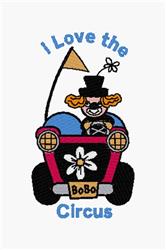Cheerful clown in a playful car with a flower emblem, colorful design perfect for circus lovers.