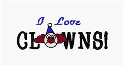 Playful clown face with a red nose and blue party hat, surrounded by colorful text 'I Love CLOWNS!', bright and cheerful.