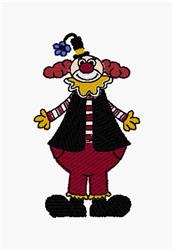 Whimsical clown with a cheerful expression, wearing a red and white striped shirt, black vest, and yellow shoes.