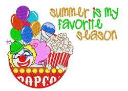 Cheerful clown with pink hair and green hat, surrounded by colorful balloons and popcorn. Summer theme.