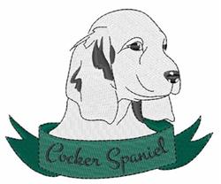 Cocker Spaniel head in playful, cartoonish style with white and gray colors above a green banner reading 'Cocker Spaniel'.