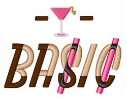 Playful cocktail glass with pink drink and lemon twist, featuring the word 'BASIC' in whimsical font. Perfect for parties.