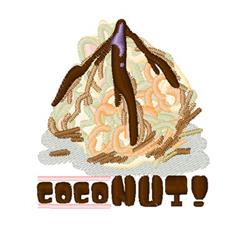 Coconut dessert topped with chocolate drizzle in soft pastel colors, featuring playful text 'COCO NUT!'