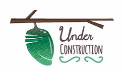 Whimsical green cocoon on a brown branch with playful 'Under Construction' text, perfect for nature-themed decor.
